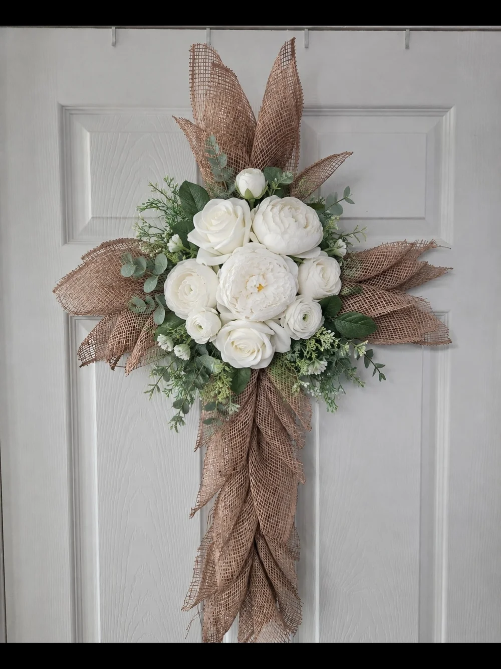Decorative Poly Burlap Cross Wreath with White Peony Bouquet